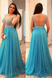 A-Line V-neck Sleeveless Beading Chiffon Ice Blue Plus Size Dress OKF44