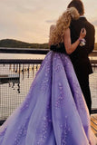 Lavender Applique Tulle Prom Dress Long Evening Dress Formal Gown with Sweep Train OK1121