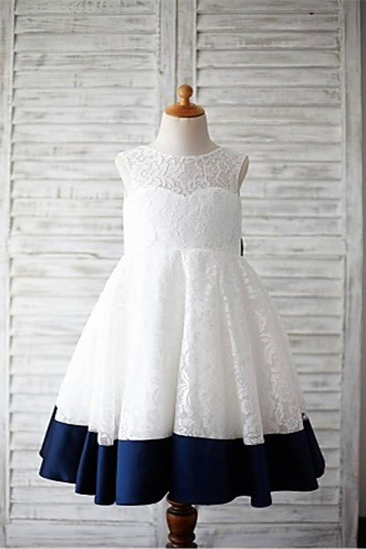 A-line Scoop Sleeveless Bowknot Floor-Length Lace Flower Girl Dress With Navy Sash OK723