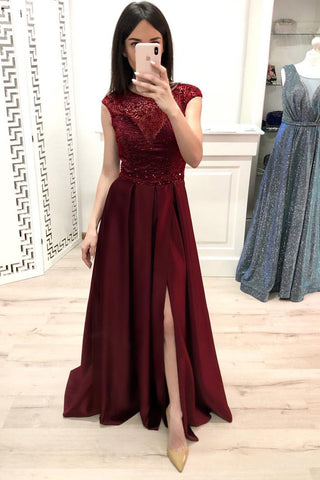 Burgundy A Line Cap Sleeves Prom Dress, Long Beading Slit Prom Gown OKK28