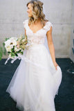 White Wedding Dress,V-Neck Wedding Dresses,Lace Wedding Dresses,Long Wedding Dresses,A-line Wedding Gown,Tulle Wedding Dress