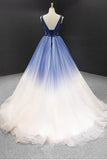 Ombre A-line Pleated Ruffles Beach Boho Prom Gowns Beading Evening Dresses OKU99