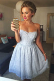 A-Line Strapless Light Blue Lace Short Homecoming Dress OKB80