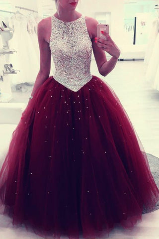 Beaded Scoop Tulle Burgundy Ball Gown Prom Dresses, Quinceanera Dresses OKF5