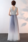 Unique Ombre Beaded A Line Long V Neck Sleeveless Prom Dresses OKA70