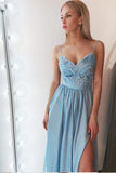 Simple A-Line Spaghetti Straps Blue Chiffon Long Prom Dresses with Slit OKB26