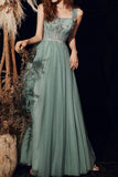 Green Spaghetti Straps Prom Dress Fairy Evening Party Dress Lace-up Slleveless Prom Gown OKW78