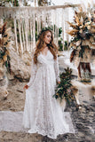 A Line Lace Long Sleeves Wedding Dress Long Pregnant Beach Maxi Gowns OKV30