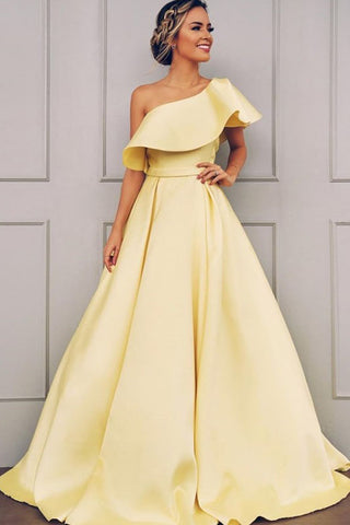 A Line One Shoulder Satin Yellow Simple Prom Dresses With Ruched OKK71