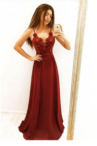 A Line Spaghetti Straps Flowers Burgundy Long Prom Dress OKJ37