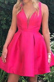 V Neck Hot Pink Short Prom Dresses A Line Satin V Neck Homecoming Dresses OK1462