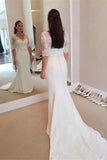 Mermaid V-Neck Half Sleeve Elegant Wedding Dress Vintage Lace Spandex Bridal Dress OKW26