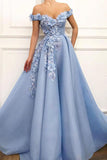 Blue Off Shoulder Flower Appliques A-line Long Modest Beautiful Prom Dress OKH13