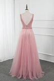 Pink Split Long Prom Dress Beading Sequined Tulle V Neck Sleeveless Party Gown OKW73