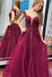 Burgundy A-Line Tulle Lace Appliques Long Prom Dress Formal Evening Dress OK1222