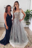 Elegant Lace-Up Back A-line Tulle Sweetheart Long Grey Prom Dress OK1319