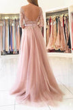 Elegant Half Sleeves Pink Tulle Long Lace Prom Dresses with Slit OK607