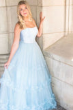 A Line Tulle Sky Blue Long Prom Dress Princess Formal Evening Dress OK1256