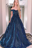 Blue A Line Sweetheart Long Off Shoulder Prom Dress Formal Evening Dress OK1161