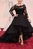 A-Line Bateau Long Sleeves Black Lace Asymmetrical Plus Size Prom Dress OKF42