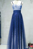 A-line Spaghetti Strap Sleeveless Royal Blue Tulle Sequins Modest Long Prom Dresses OK616