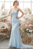 Sky Blue Long Mermaid Lace Appliques Prom Dress With Rhinestones OKW66