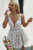 Cheap A-Line V-Neck Short Homecoming Dresses with Beading Appliques OKO3