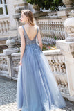 A-line Crystal V Neck Long Prom Dress Tulle Beaded Sleeveless Party Gown OKW60