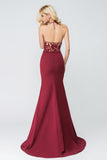 Mermaid Halter Sleeveless Burgundy Long Split Prom Dress,Evening Dresses OKA68