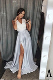 A-Line V-Neck Elastic Satin Long Split Prom Dresses with Lace Top OKB23