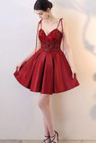 Burgundy V Neck A Line Satin Straps Short Homecoming Dress OKC30