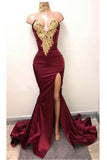 Elegant Burgundy Mermaid Appliques High Neck Split Sexy Prom Dresses OKA83