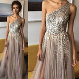 One Shoulder Tulle A Line Shinning Side Split Elegant Long Prom Dress OKA81