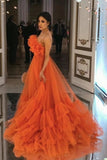 Orange Ruffles Tulle Evening Party Dress Strapless Tiered Long Prom Dress OKW75