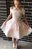 Cute Homecoming Dresses,Off-the-shoulder Homecoming Dresses,Pink Homecoming Dresses,Lace Prom Dresses,Appliques Homecoming Dresses,Graduation Party Dresses,Short Prom Dresses