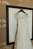 A Line Round Neck V-Back Short Sleeves Appliques Tulle Wedding Dress OK1071