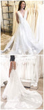 Cheap A-Line Deep V-Neck Backless Long Wedding Dresses with Appliques OKB61