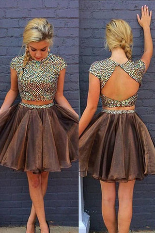 Sexy Homecoming Dresses,Rhinestone Homecoming Dress,Beaded Prom Dresses,Organza Prom Dress,Short Prom Dress,Cap Sleeves Homecoming Dresses,Beading Homecoming Dress,Backless Prom Dress