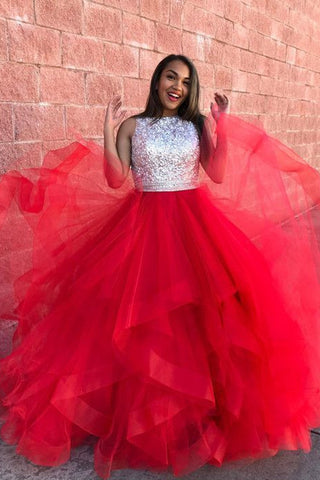 Charming Red Ball Gowns Organza Ruffle Sequin Top Prom Dress OKF68