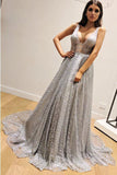 A-Line Sleeveless Silver Long Prom Dress V Neck Sleeveless Evening Gown OKP78