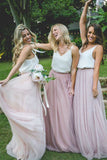 Gorgeous 2 Pieces Pink Tulle Long Bridesmaid Dress with White Top OKM95