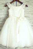 A-Line Round Neck White Flower Girl Dresses with Sash Lace OKP26