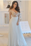 A-Line Deep V Neck Long Sleeves Pleats Chiffon Prom Dresses with Beading OKG5