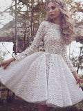 Fashion Lace Scoop Long Sleeve Ivory Short Homecoming Dress Prom Party Dress OKE2