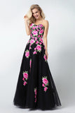 Black Sweetheart Flower Appliques Long A Line Tulle Prom Dress,Evening Dresses OKA69