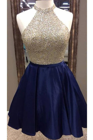 Dark Blue Homecoming Dresses,A-Line Homecoming Dresses,Satin Homecoming Dresses,Short Prom   Dresses,Beading Homecoming Dresses,Sleeveless Prom Dresses,Short Homecoming Dress,Club Dresses