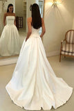 A-line Ivory Strapless Wedding Dress Satin Draped Bridal Dress With Pockets OKX5