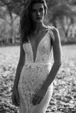 Chic Mermaid Lace Deep V Neck Wedding Dresses Sexy Bridal Gown V Back OKV54