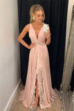V Neck A Line Pink Chifon Long Front Split Prom Dress Formal Evening Dress OK1277