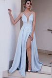 Light Blue Spaghetti Split Prom Dress Long Sexy A Line Evening Gowns OK112